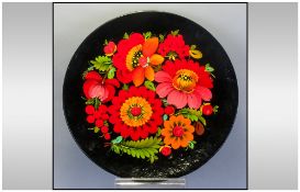 Russian 20th Century Hand Painted Paper Mache Cabinet Plate, Floral Stillife. Diameter 11 Inches.
