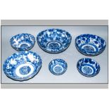 Set Of Six Graduating Japanese Antique Blue & White Bowls with shaped lotus edges. Decorated with