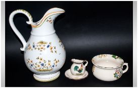 French Porcelain Water Jug, 14 inches in hiehgt. Together with a potty and trinket dish. Yellow