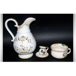 French Porcelain Water Jug, 14 inches in hiehgt. Together with a potty and trinket dish. Yellow