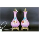 Pair of French Porcelain Baluster Vase Lamps, with sprays of hand painted poppies to front and back,