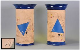 Bentham Pottery Studio Art Pair of Pottery Vases by Lee Cartledge. Marked to Base. Blue and Cream