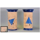 Bentham Pottery Studio Art Pair of Pottery Vases by Lee Cartledge. Marked to Base. Blue and Cream