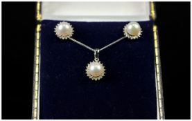 9ct White Gold Diamond & Pearl Earrings & Pendant Set, Central Pearl Surrounded By Round Cut