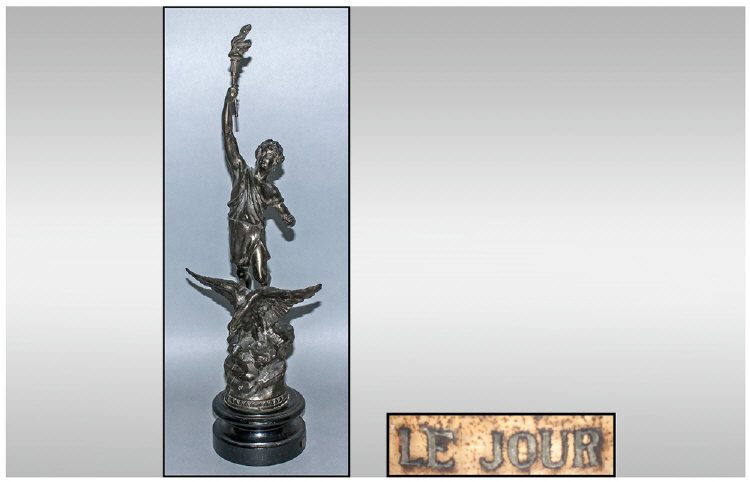 French Late 19th Century Liberty Spelter Figure in the form of a man with eagle below & holding a - Image 5 of 5