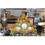 French Gilt Brass Figural Mantle Clock. Central Dial Between two Sevres Style Plaques. Raised on a