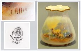 Royal Worcester Fine Small Hand Painted and Frilled Rim Vase with Images of Sheep In a Highland