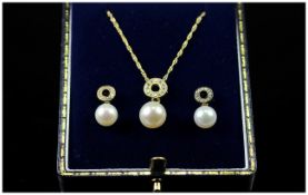 Silver Gilt Faux Pearl Earrings & Pendant Set, With Circular CZ Settings.  The Pendant Suspended