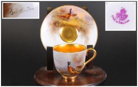 Royal Worcester Hand Painted Miniature Cabinet Cup and Saucer ' Pheasants In a Woodland Setting.