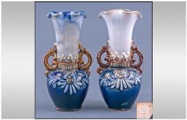 Pair of Doulton Lambeth Small Two Handled Vases, of baluster form, the deep blue bodies with applied