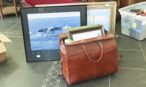 Mixed Lot. Comprising 5 framed prints, 2 modern oils, large Moroccan leather holdall, mid 20th