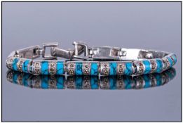 Ladies Silver Bracelet, Set With Turquoise Coloured Gem Stones Between CZ Spacers. Stamped 925.