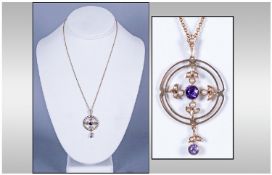 Victorian - Fine 9ct Gold Set Seed Pearl and Amethyst Drop Pendant, Fitted on a 9ct Gold Chain.