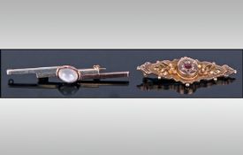 Victorian 9ct Gold Gem Set Bar Brooch. Length 3 inches. Together with Victorian 9ct Gold Moonstone