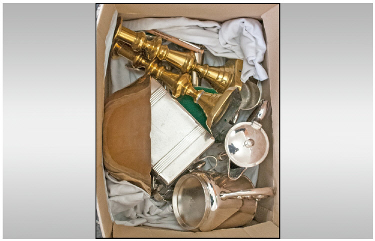 Box of Assorted Plated and Brass Items.