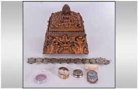 A Decorative Gilded Lidded Box with various metal oddments including nurses belt, 2 patch boxes, 2