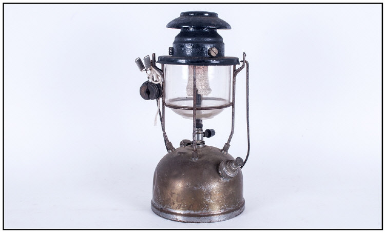 Vintage Paraffin Lamp with glass shade and silk mantel, with carrying handle.  14 inches high.