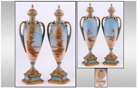 Royal Worcester Very Fine Pair Of Hand Painted And Tall Lidded Vases. Unsigned. Attributed to