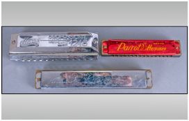 Three Harmonicas comprising Blessing Harmonica, Parrot and Huang Professional.