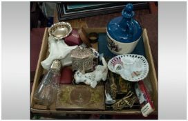A Boxed Lot of Oddments comprising Indian brass box, a rum bottle, Worcester figure 'Moments'.