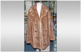 Dark Honey Blonde Mink Long Jacket, double breasted style, self lined collar with revers, quarter