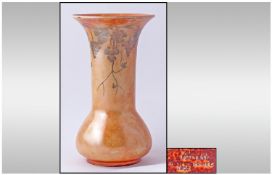 Ruskin Orange Lustre Trumpet Vase. Vines design. Date 1908. Impressed Ruskin marks to base. Height 9
