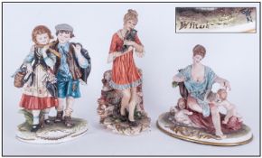 Capodimonte Very Fine And Early Signed Figures, 3 in total. 1, Young girl in orange dress holding