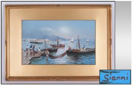 Gianni Watercolour Of The Boy Of Naples With Fishermen On The Quay Side, and fishing boats versuvias