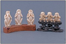 A Vintage Set Of Three Ivory Monkeys. See no evil, hear no evil, speak no evil. 2 sets in total.