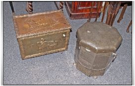 Brass Lidded Coal Box with inner liner. With embossed top depicting country cottages and hexagonal