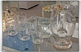 Glass Lemonade Set comprising glass jug and 6 tumblers. With etched fruit and leaf decoration.