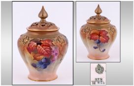 Royal Worcester Hand Painted Lidded Fruits Pot Pourri. Date 1909. Unsigned. Height 6 inches, some