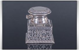 French 1940's Edwardian Style Small Desk Hinged Top Silver And Glass Inkwell, sitting within a