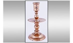 17th Century Dutch Brass Candlestick Of Four Part Construction with pierced socket and ridged ball