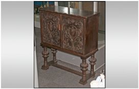 Early To Mid Twentieth Century Jacobean Small Carved Sideboard, 2 carved front drawers, turned