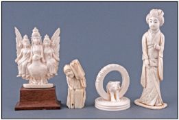 A Small Collection Of Early 20th Century Ivory Items, 4 in Total. Various sizes and subjects.