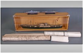 Cased Model Of A Ship Labelled 'Padua', hand made and with the original blueprints, in a glass