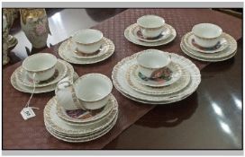 Joan of Arc Part Teaset comprising 2 large plates, 9 side plates, 7 saucers, sugar bowl and 7 cups.