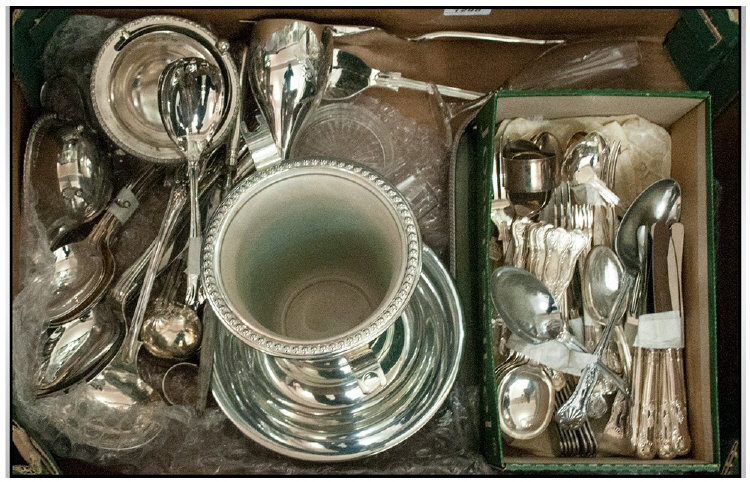 Box of Miscellaneous Good Quality Plated Wear including quanity of flatware, wine cooler, entree