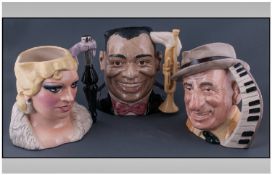 Royal Doulton Character Jugs 3 In Total .  1. Louis Armstrong D6707 Height 7.5". Issued 1984-1988.