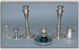Pair of Silvered Metal Baluster Shaped Candlesticks stamped STERLING c1900's Height 9 inches in