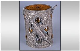 White Metal Champagne Bucket in the Eastern style, with dragon handles, blown glass liner. 8