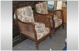 Three Piece Bergere Suite comprising two seater settee, and two single armchairs. Some damage to