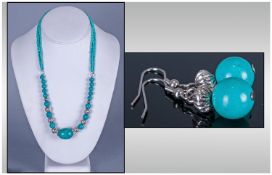 Turquoise Necklace and Earrings Set, the necklace centred on a large oval stone and with further