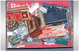 Box of Assorted Collectables including old cigarette lighters, Oriental items, cribbage boxes etc