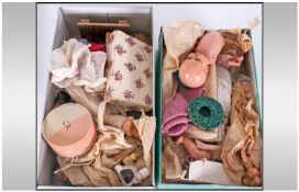 A Collection of Two Boxes of Miniature Dolls and Accessories some German Bisque and 1920's/1930's.