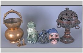 Collection of Oriental Items comprising carved soft wood puppet head with moving eyes and tongue,