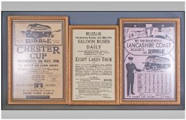 Three Vintage Framed Ribble Motor Service Timetables with destinations. Comprising one to the