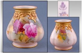 Royal Worcester Hand Painted Vase. "Roses" still life. Date 1922. Unsigned. Stands 3.75 inches