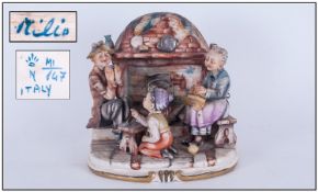 Capo Di Monte Signed Group Figure. Old couple and grandson sitting before an open fire playing